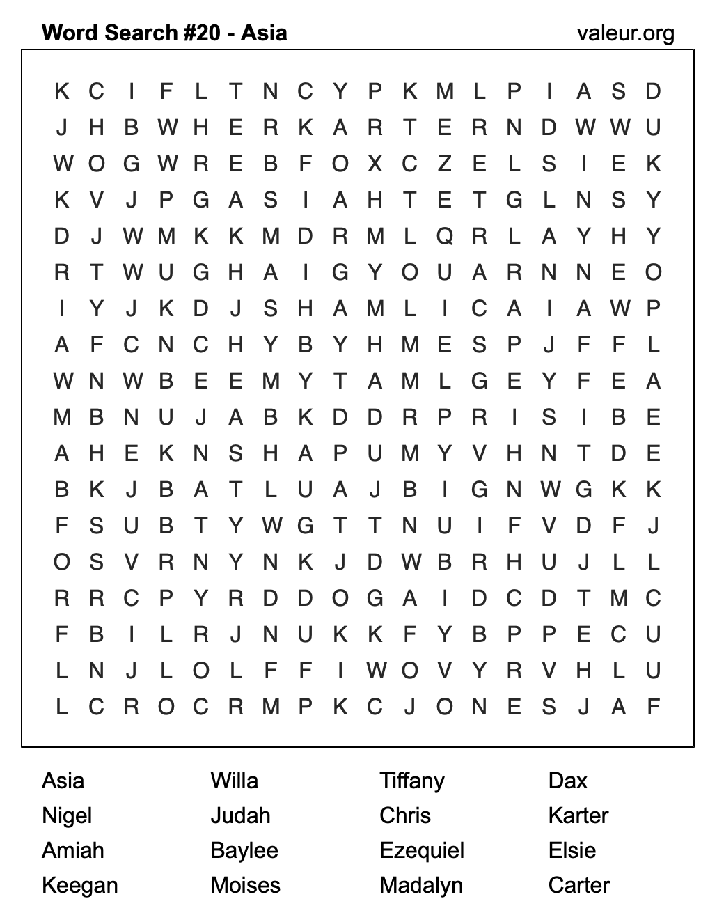Word Search Puzzle with the name Asia #20