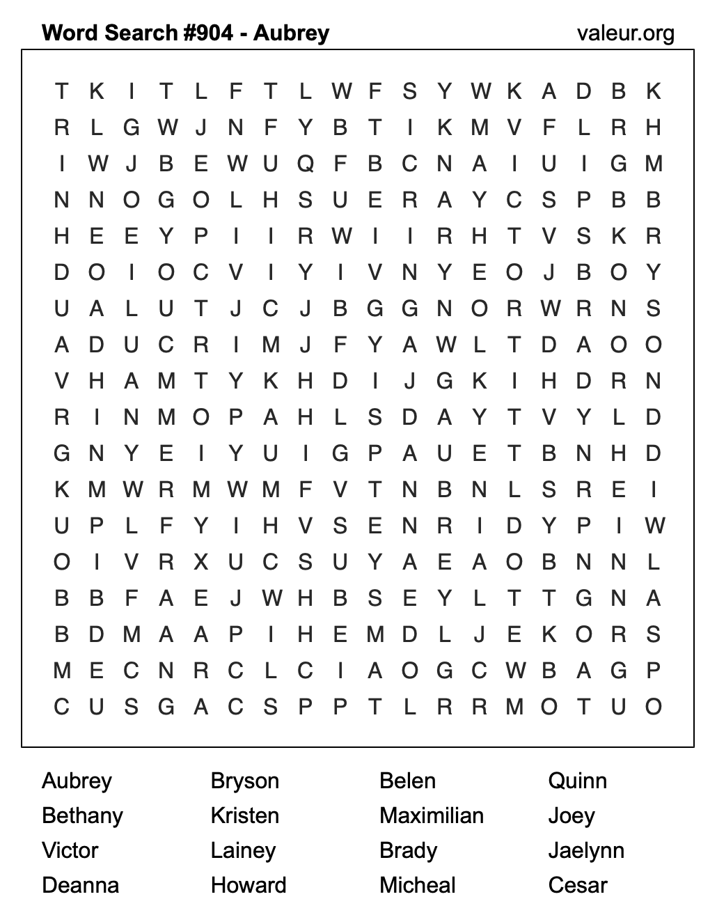 Word Search Puzzle with the name Aubrey #904
