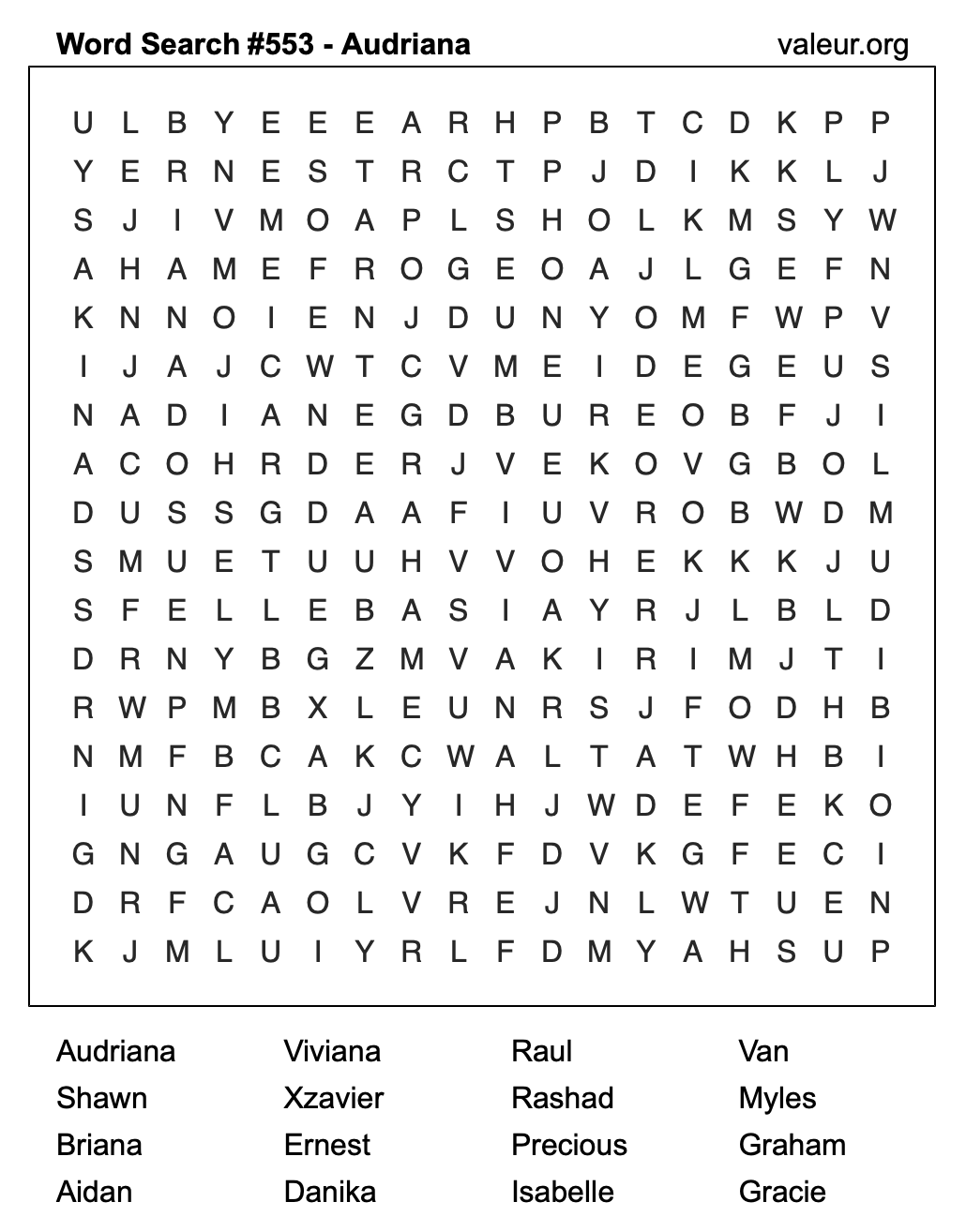 Word Search Puzzle with the name Audriana #553