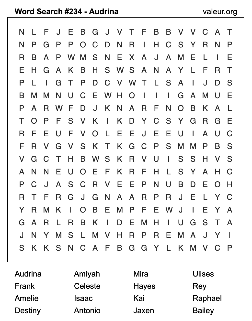 Word Search Puzzle with the name Audrina #234