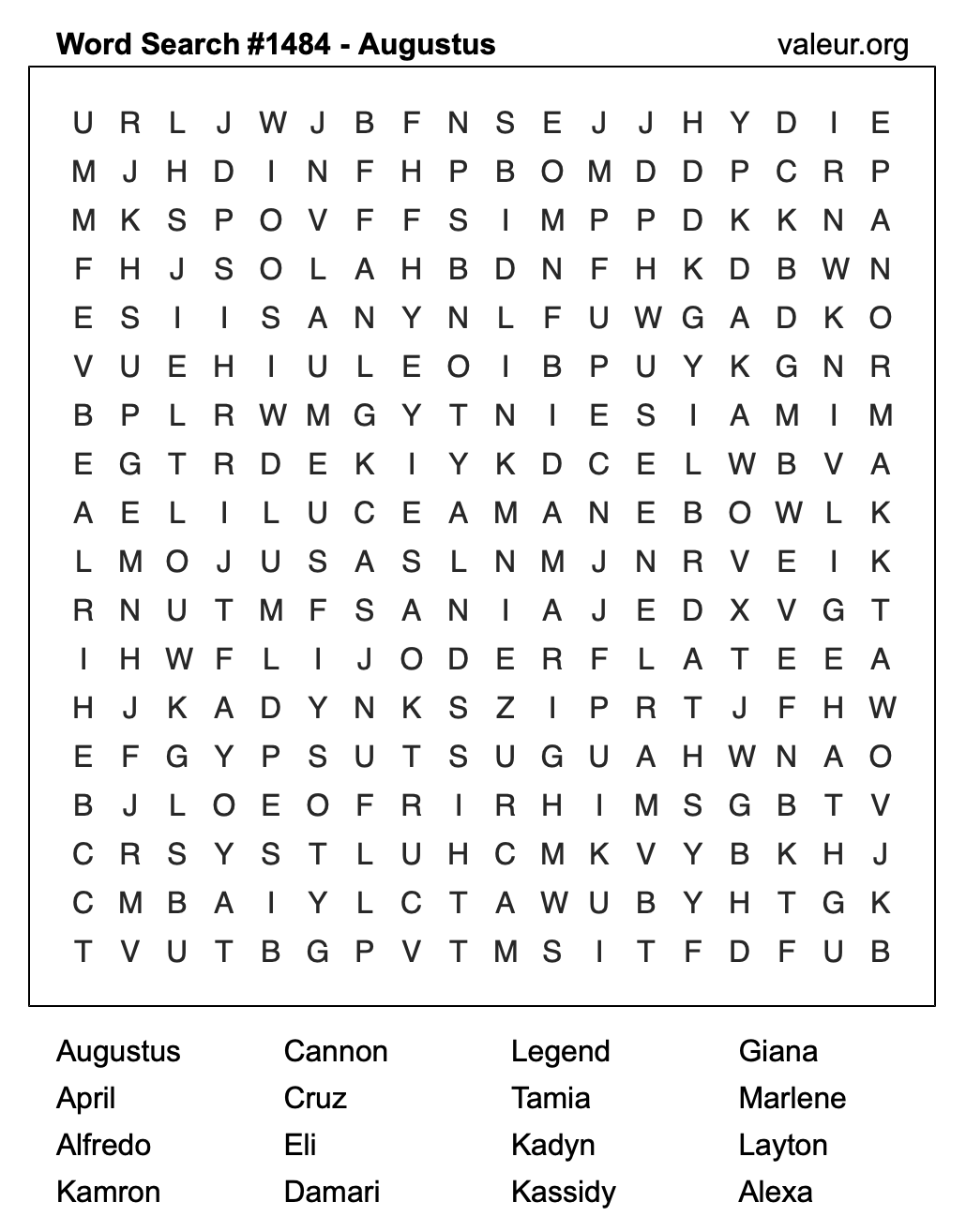 Word Search Puzzle with the name Augustus #1484