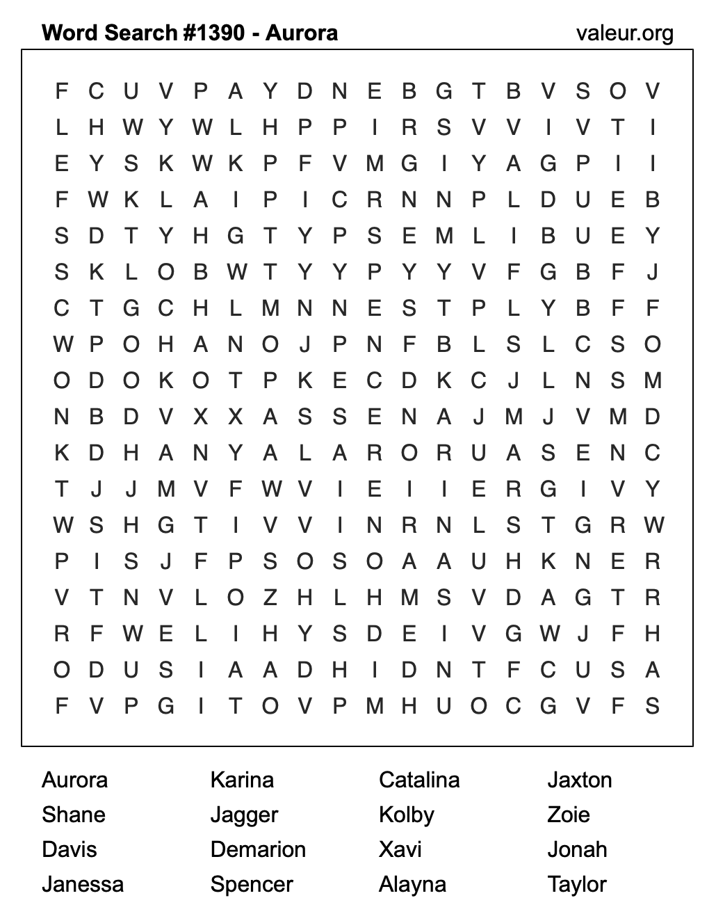 Word Search Puzzle with the name Aurora #1390
