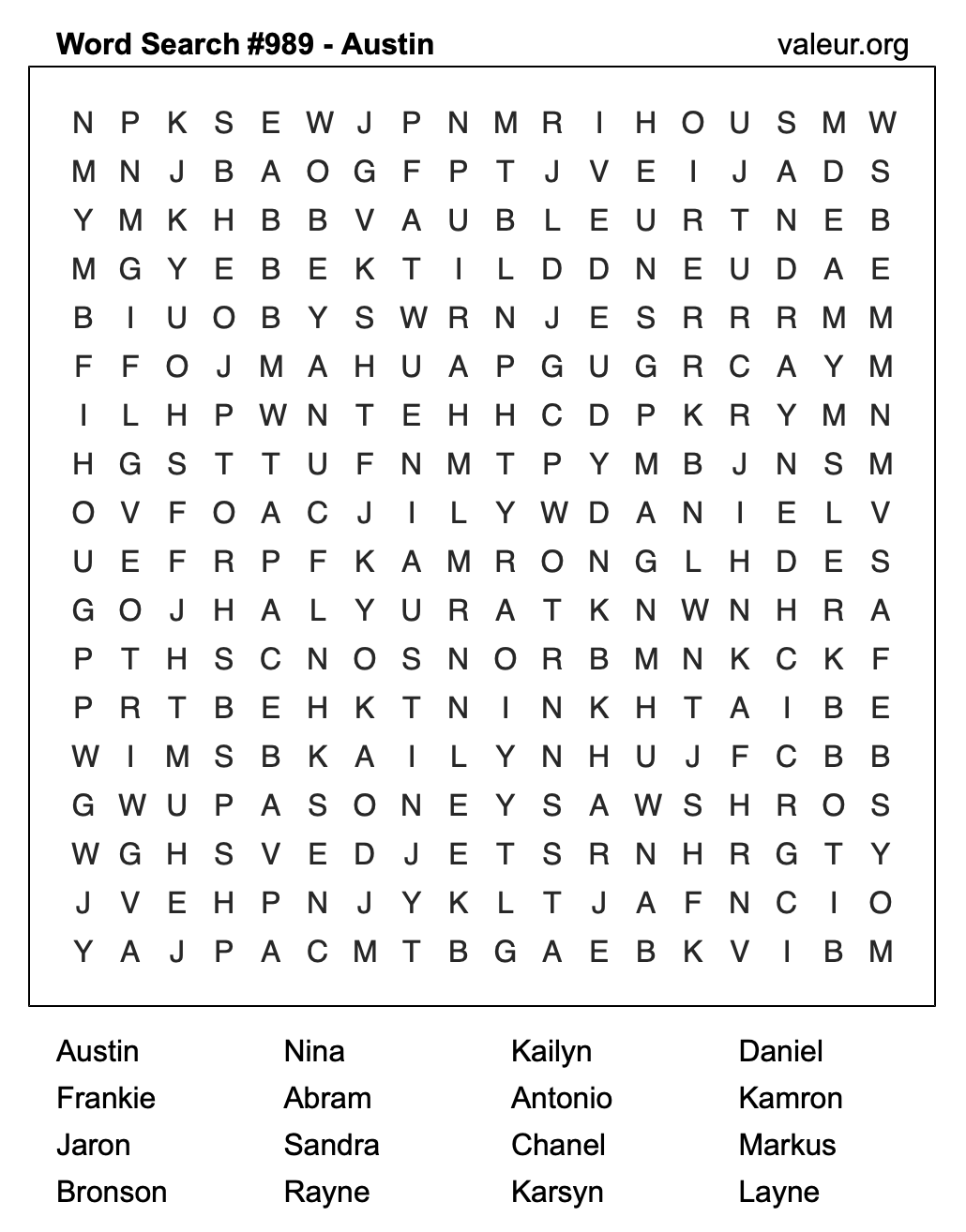 Word Search Puzzle with the name Austin #989