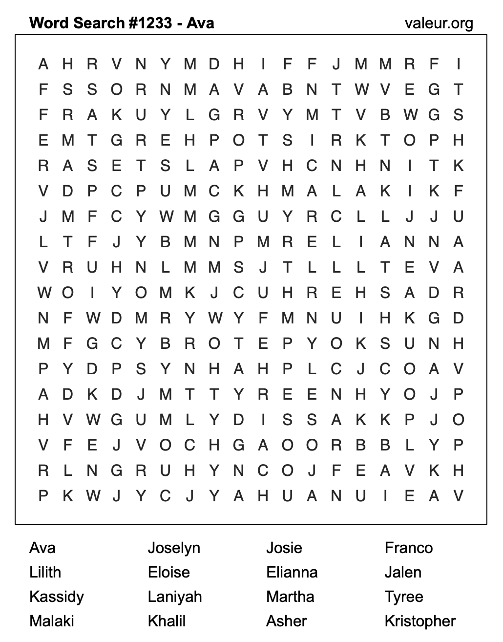 Word Search Puzzle with the name Ava #1233