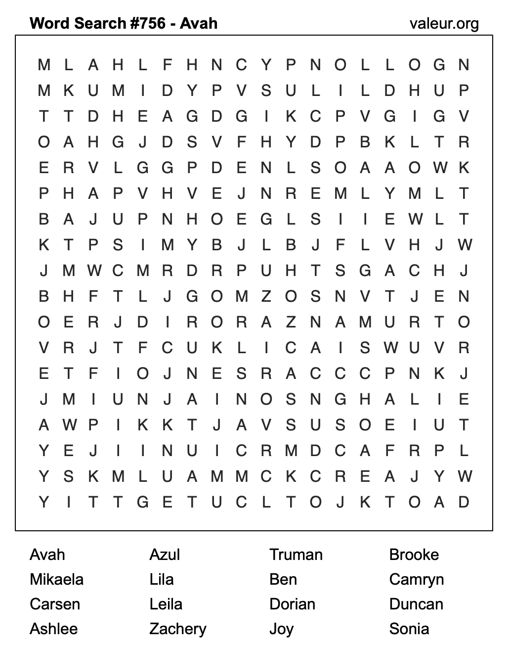 Word Search Puzzle with the name Avah #756