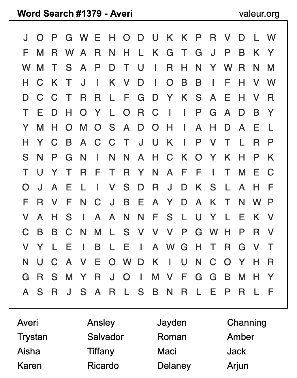 Word Search Puzzle with the name Averi #1379
