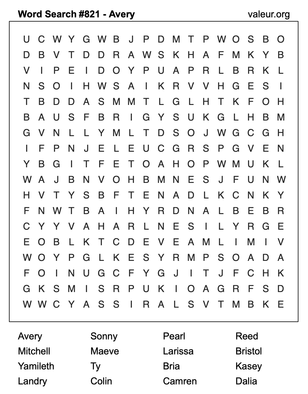 Word Search Puzzle with the name Avery #821