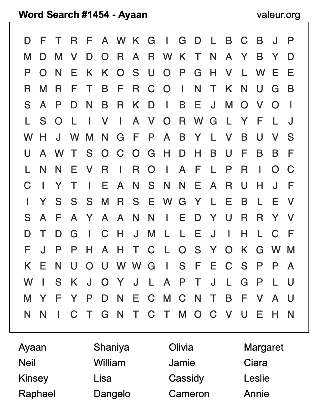 Word Search Puzzle with the name Ayaan #1454