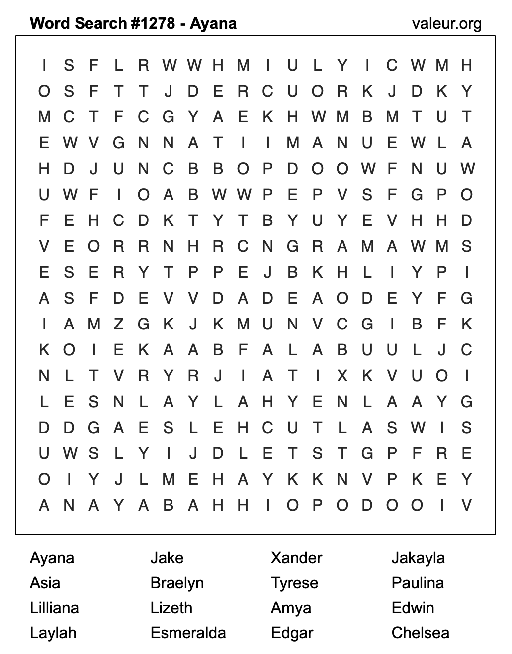 Word Search Puzzle with the name Ayana #1278