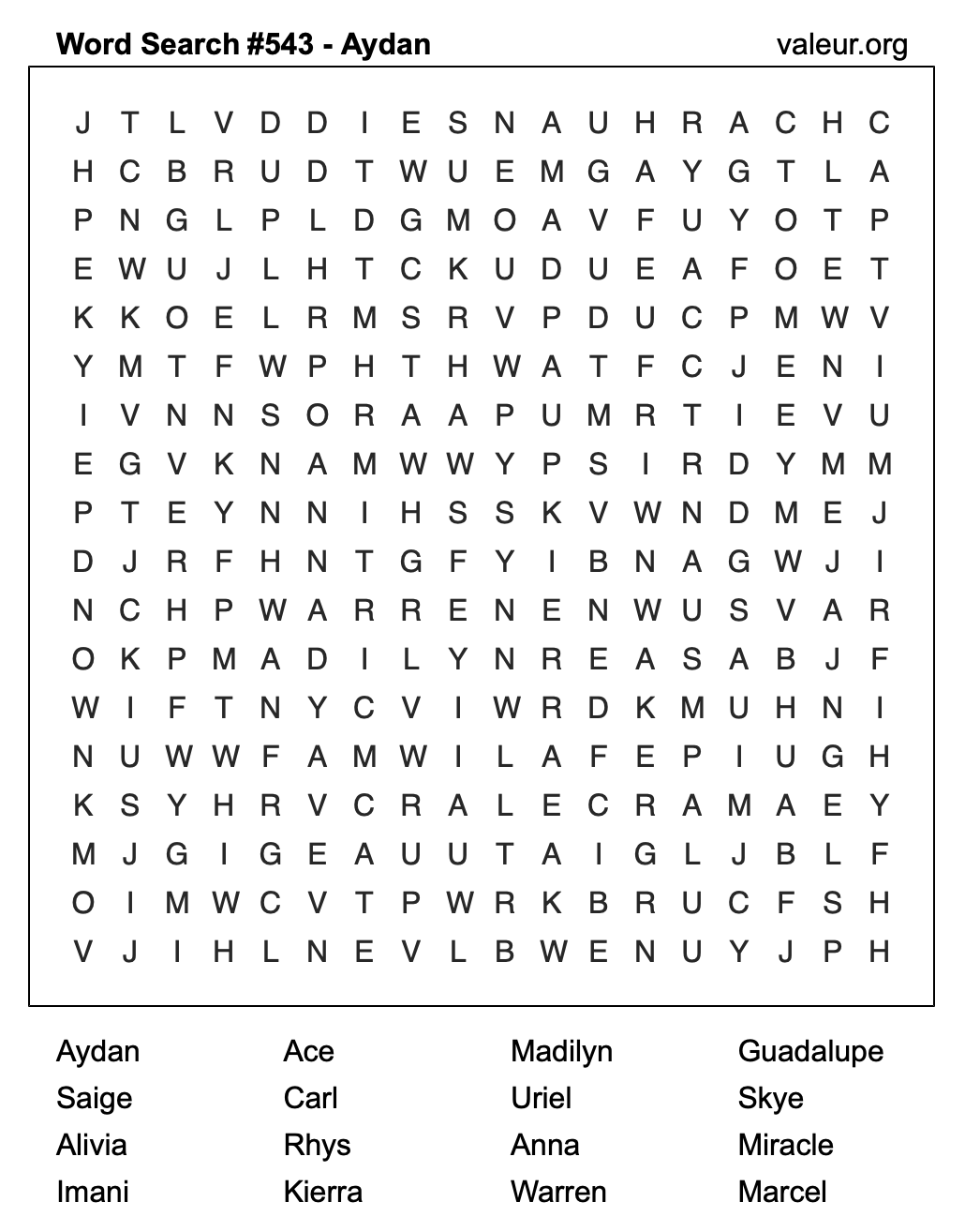 Word Search Puzzle with the name Aydan #543