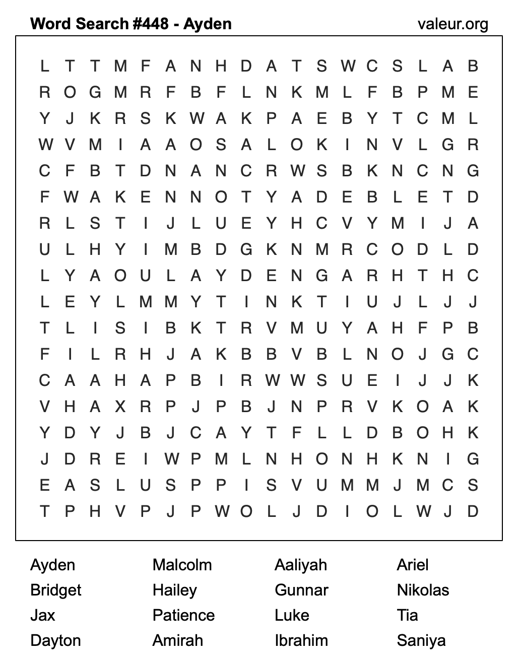 Word Search Puzzle with the name Ayden #448