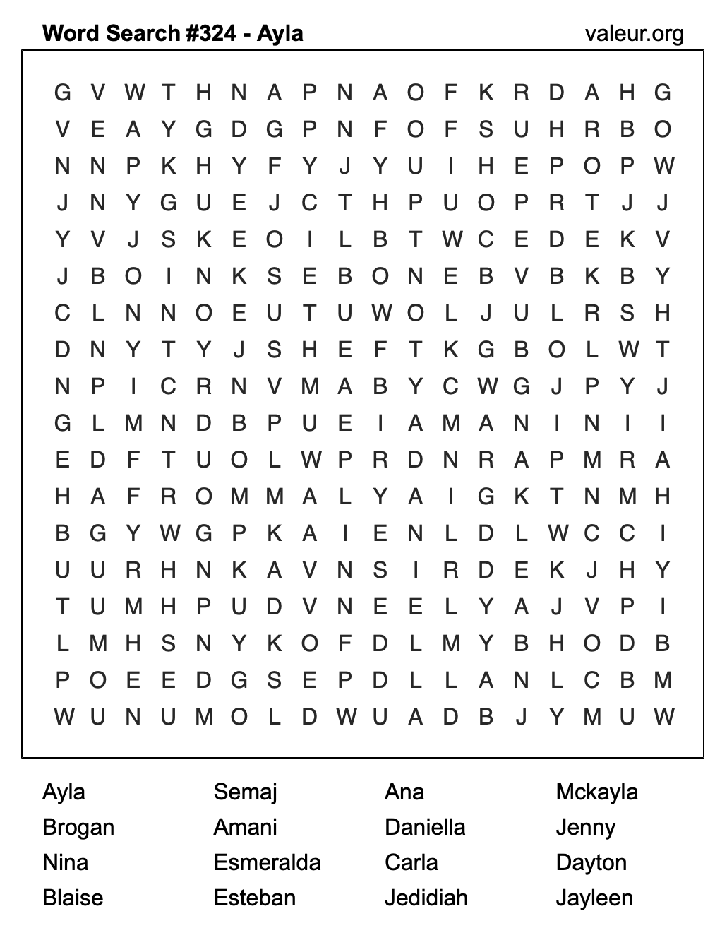 Word Search Puzzle with the name Ayla #324