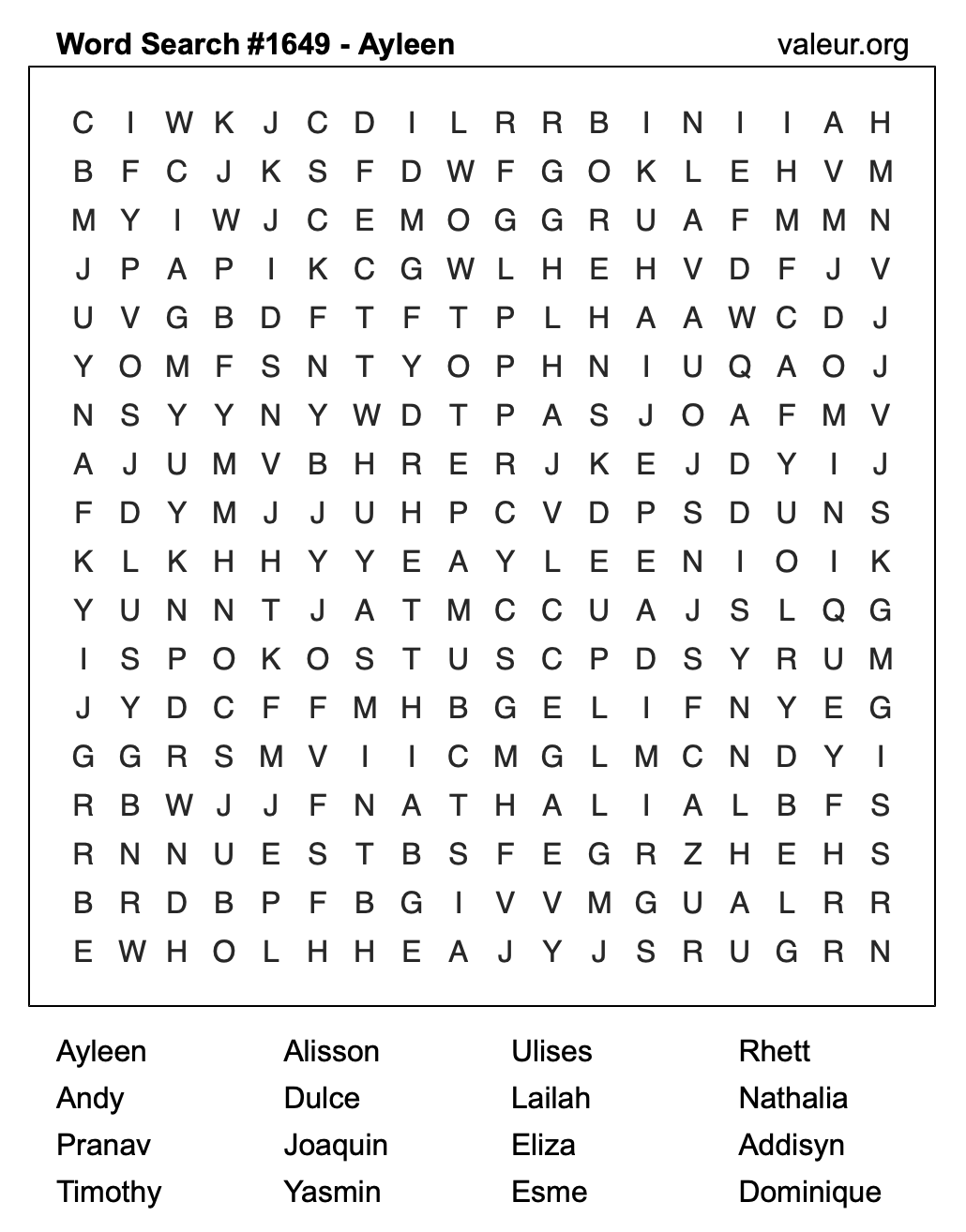 Word Search Puzzle with the name Ayleen #1649