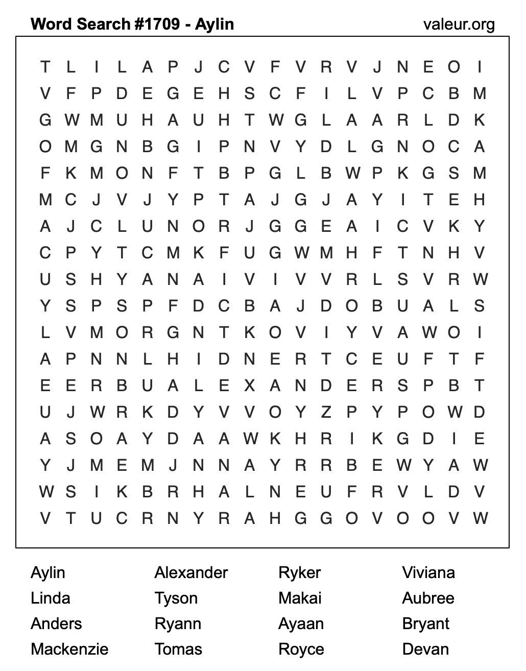 Word Search Puzzle with the name Aylin #1709 Word Search Puzzle with the name Aylin #1709