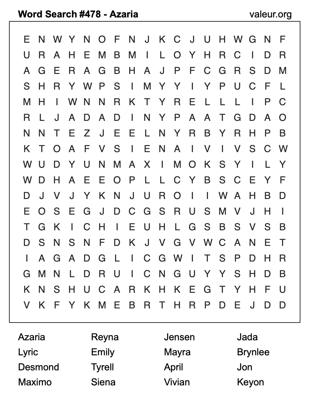 Word Search Puzzle with the name Azaria #478 Word Search Puzzle with the name Azaria #478