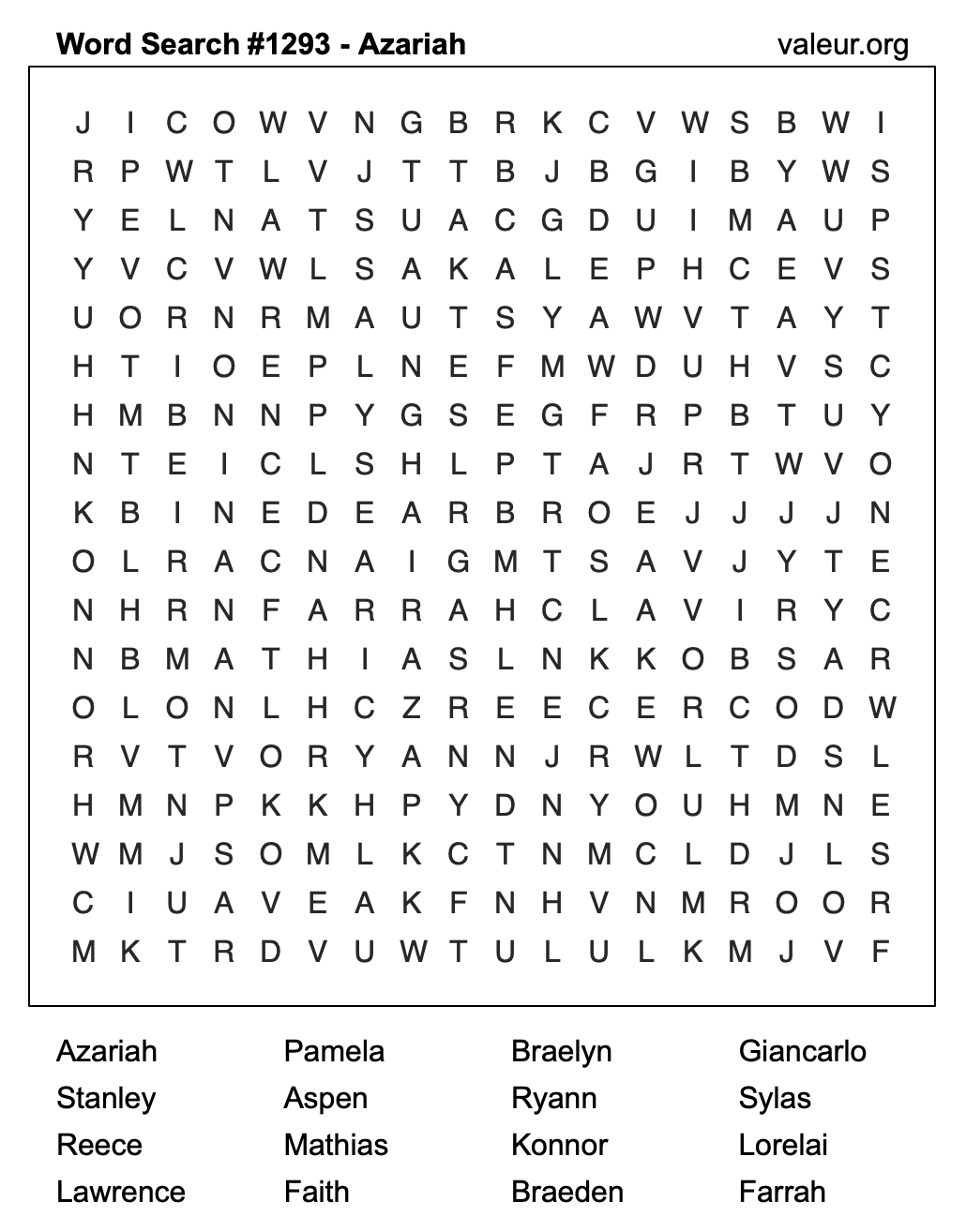 Word Search Puzzle with the name Azariah #1293 Word Search Puzzle with the name Azariah #1293