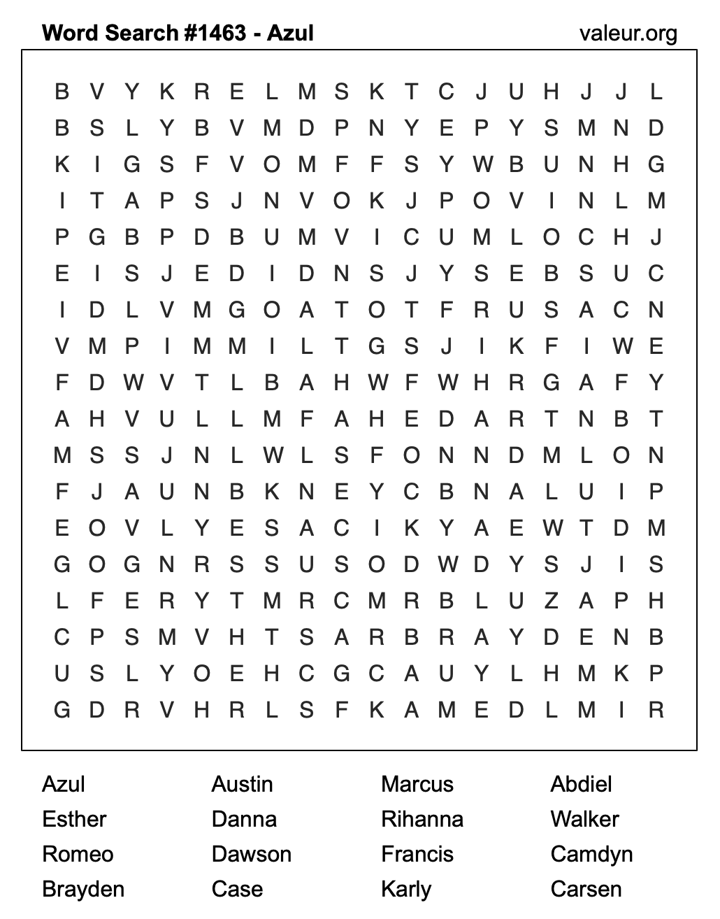 Word Search Puzzle with the name Azul #1463