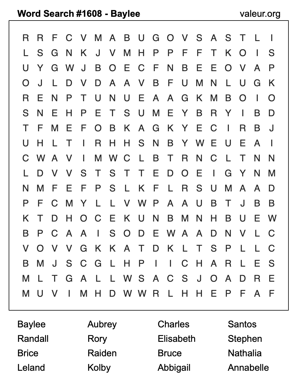Word Search Puzzle with the name Baylee #1608