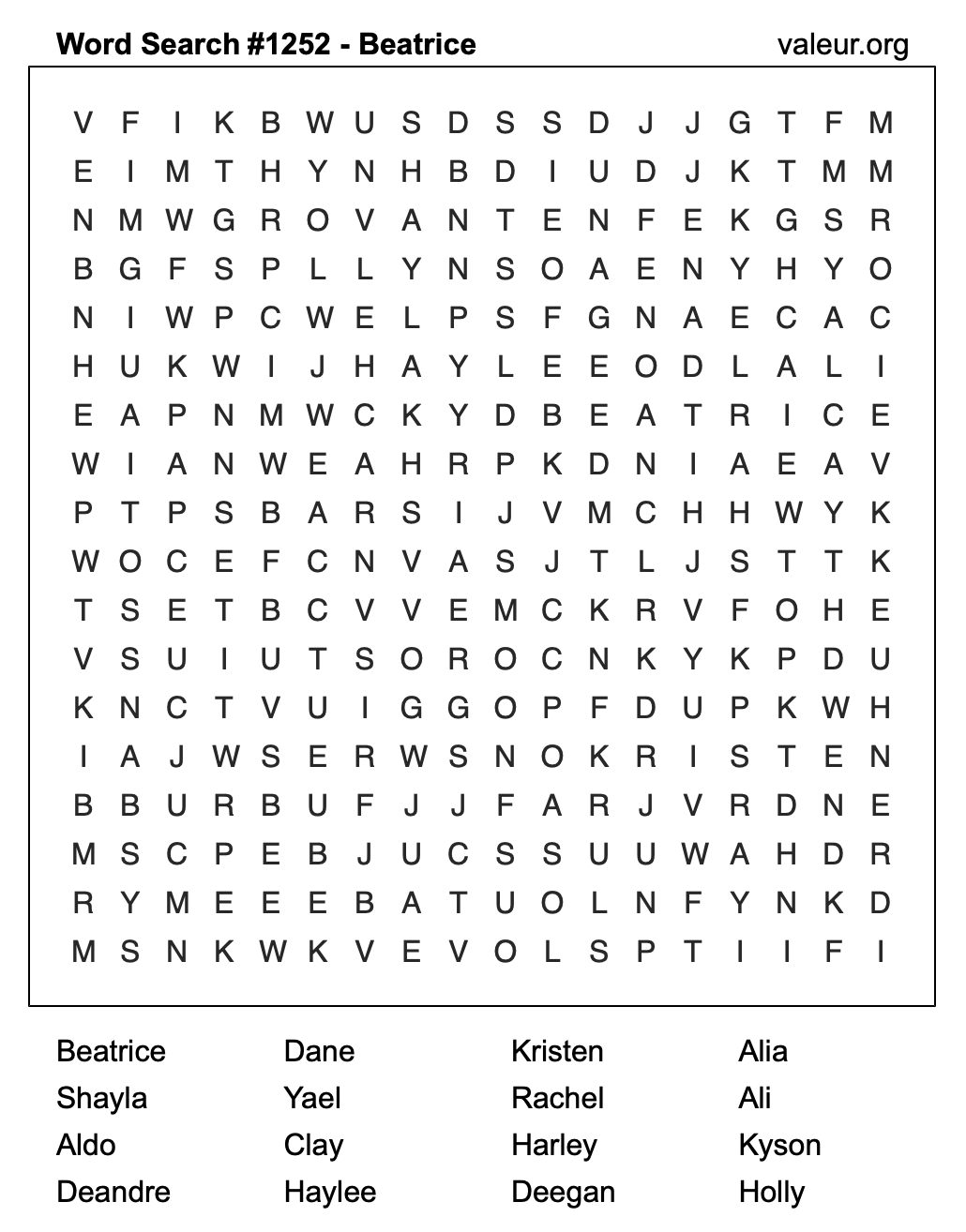 Word Search Puzzle with the name Beatrice #1252