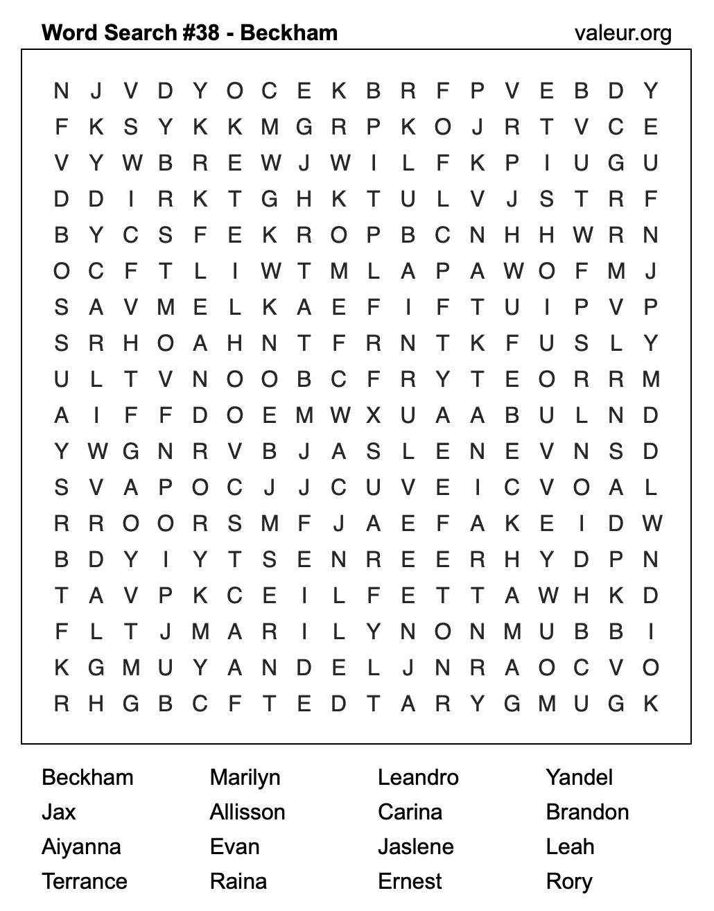 Word Search Puzzle with the name Beckham #38