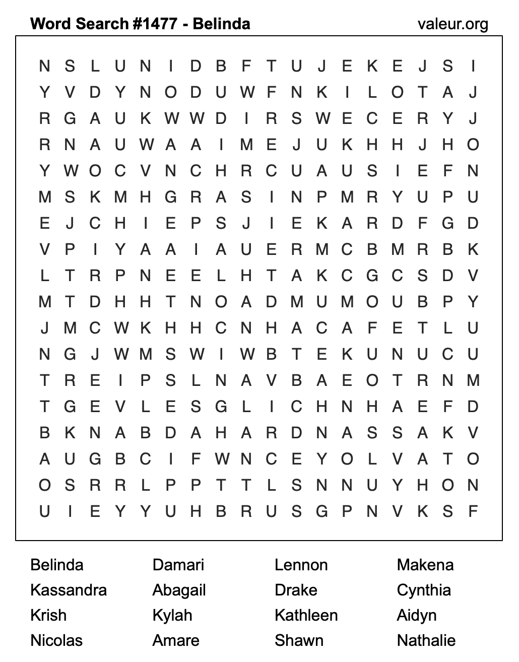 Word Search Puzzle with the name Belinda #1477