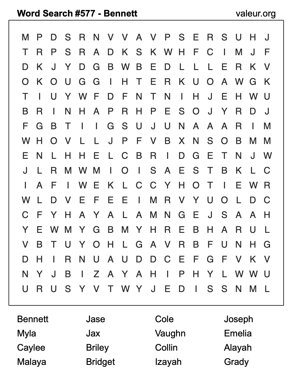 Word Search Puzzle with the name Bennett #577