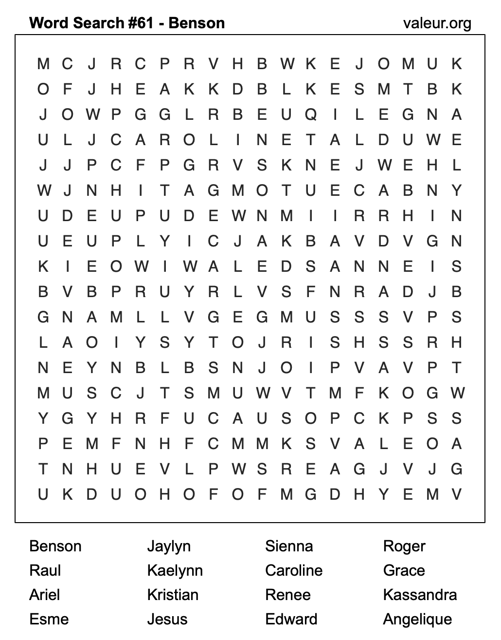 Word Search Puzzle with the name Benson #61 Word Search Puzzle with the name Benson #61