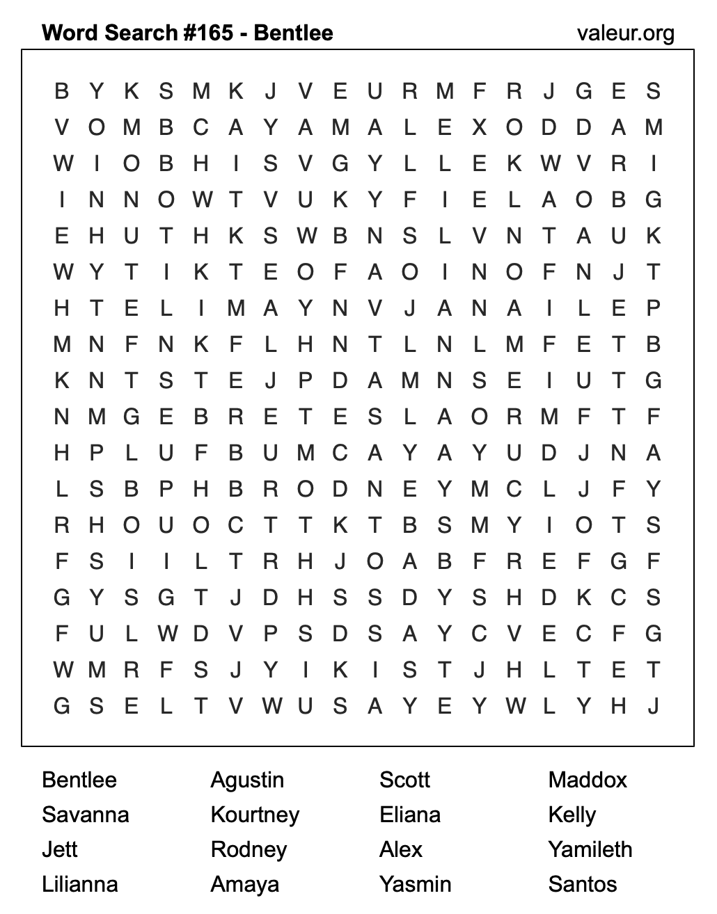 Word Search Puzzle with the name Bentlee #165
