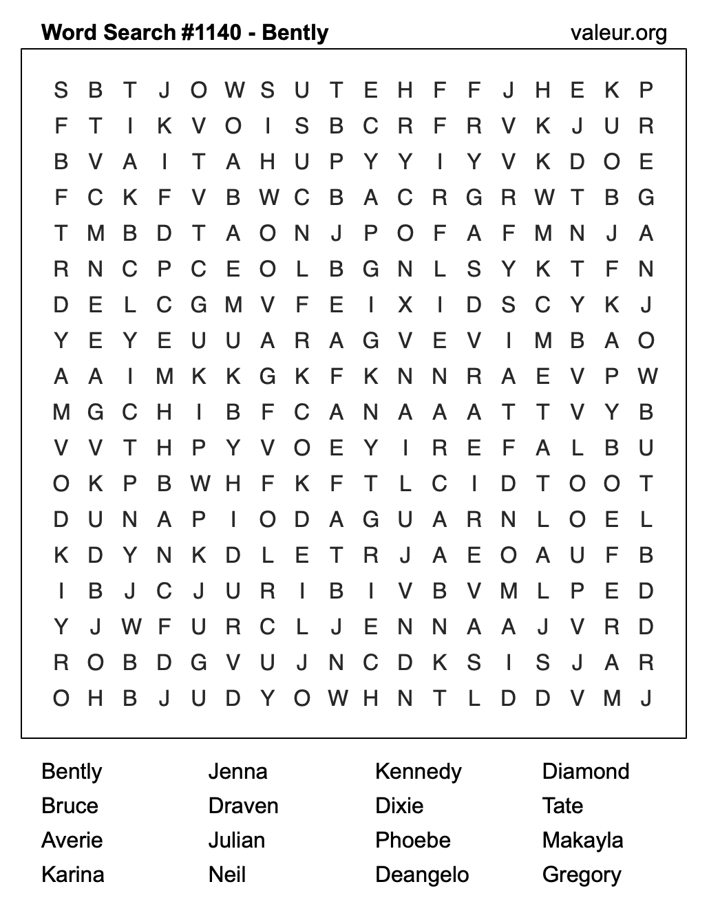 Word Search Puzzle with the name Bently #1140