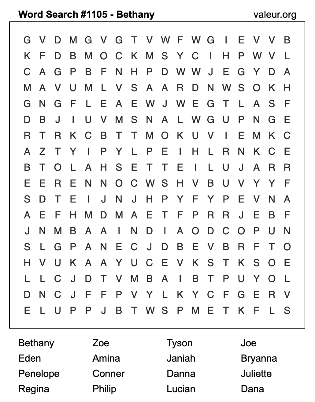 Word Search Puzzle with the name Bethany #1105