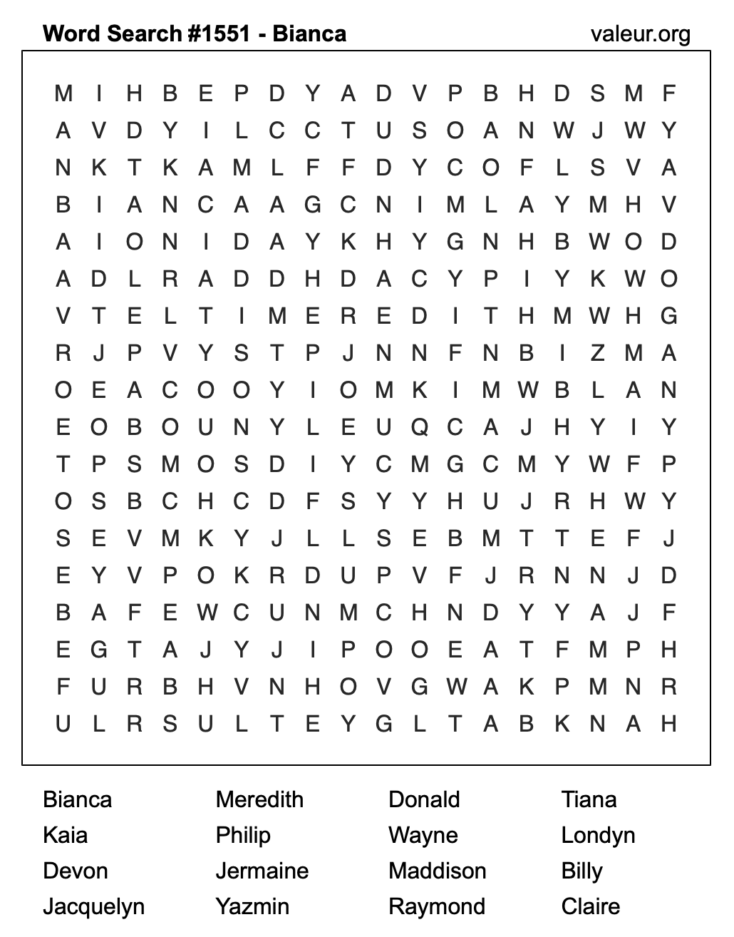 Word Search Puzzle with the name Bianca #1551 Word Search Puzzle with the name Bianca #1551