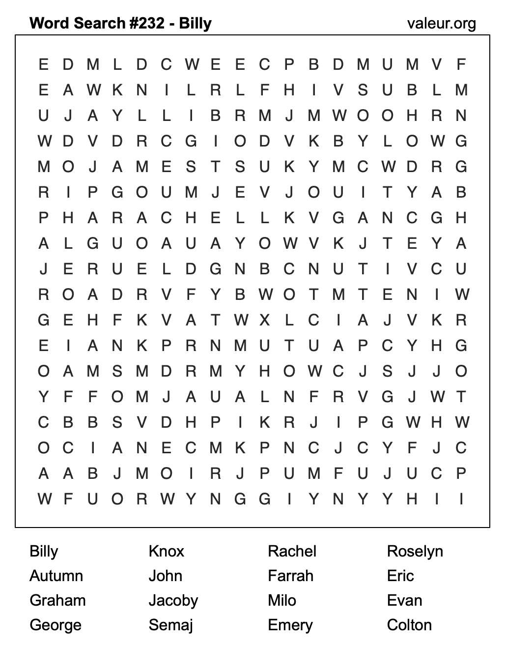 Word Search Puzzle with the name Billy #232