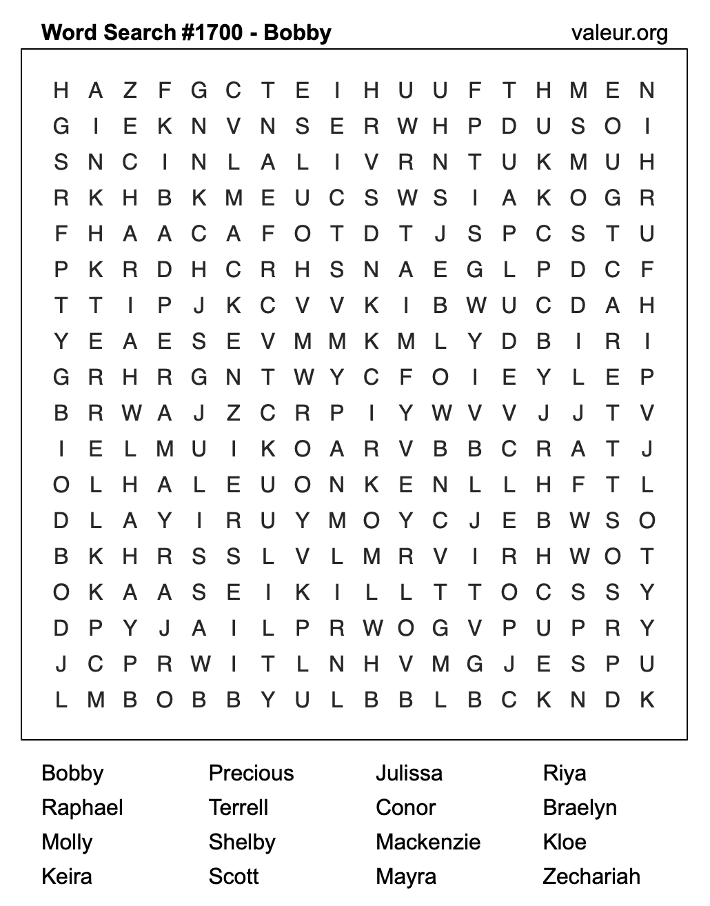 Word Search Puzzle with the name Bobby #1700 Word Search Puzzle with the name Bobby #1700