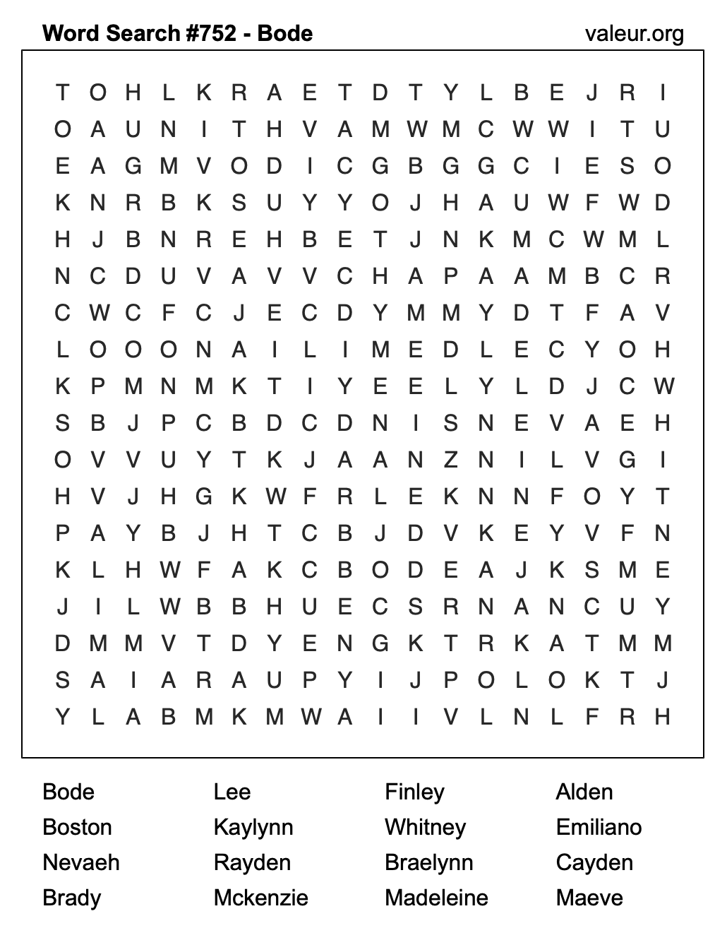 Word Search Puzzle with the name Bode #752