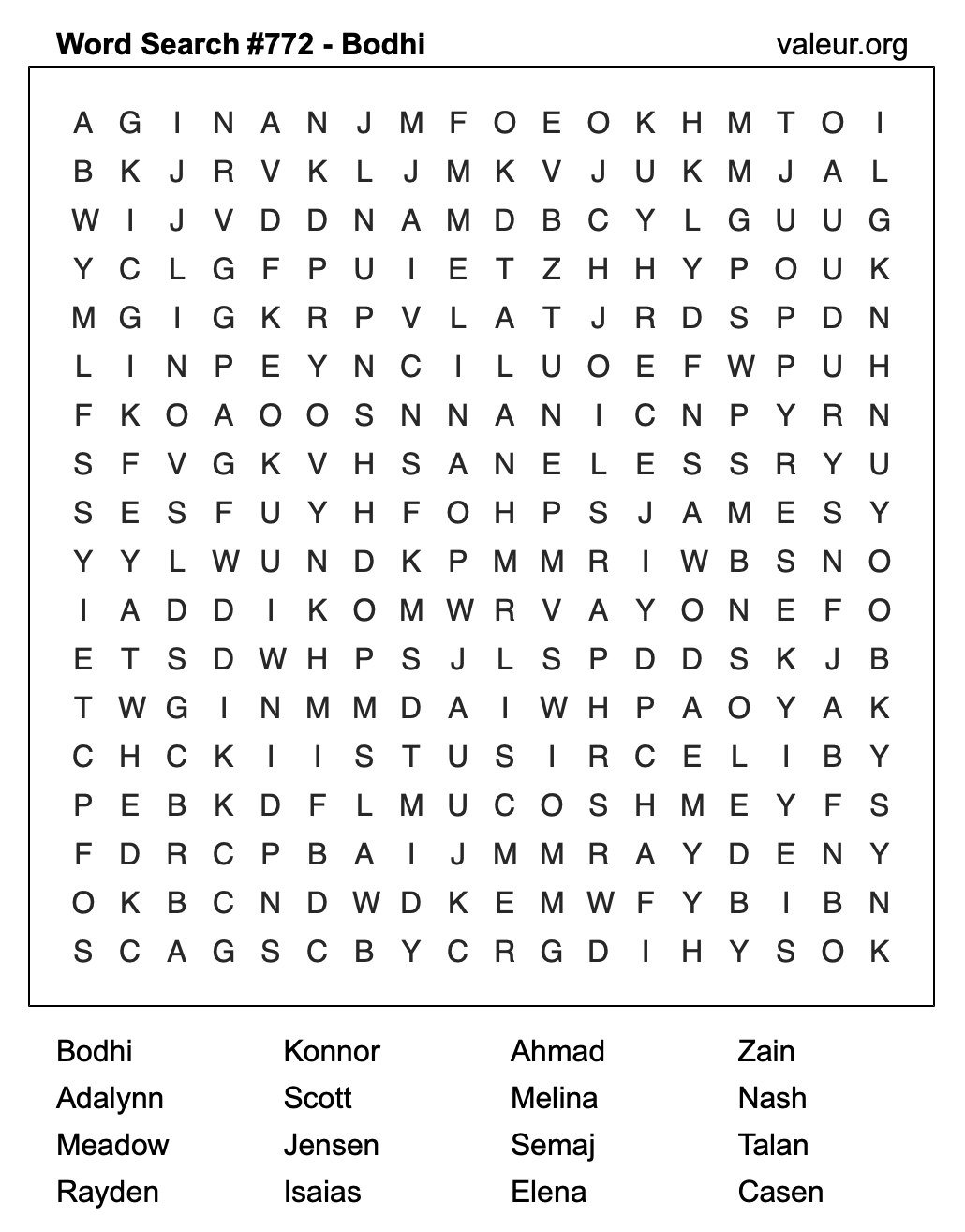 Word Search Puzzle with the name Bodhi #772 Word Search Puzzle with the name Bodhi #772
