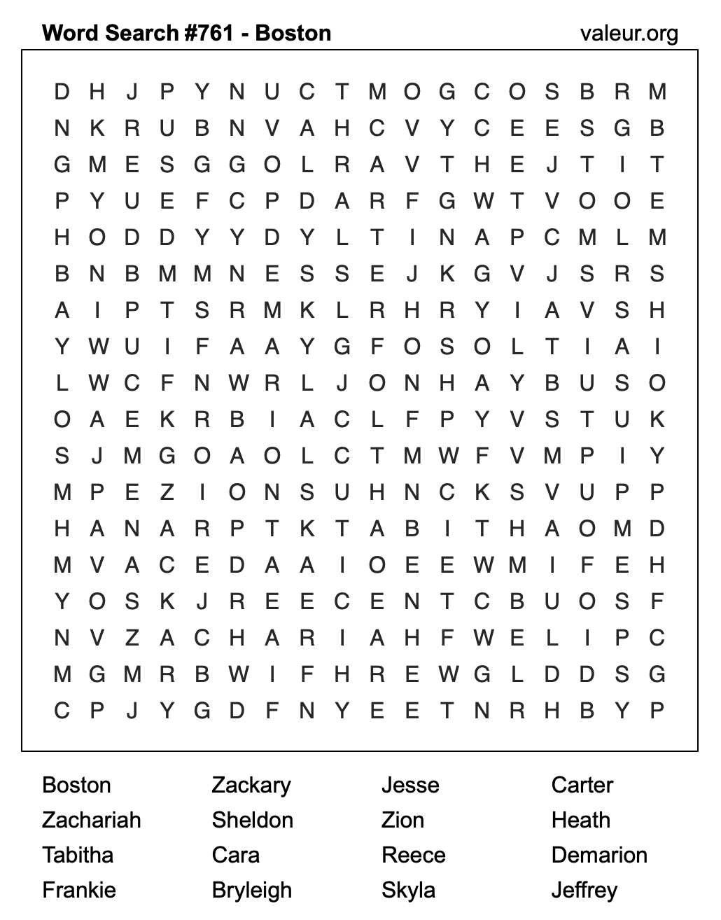 Word Search Puzzle with the name Boston #761