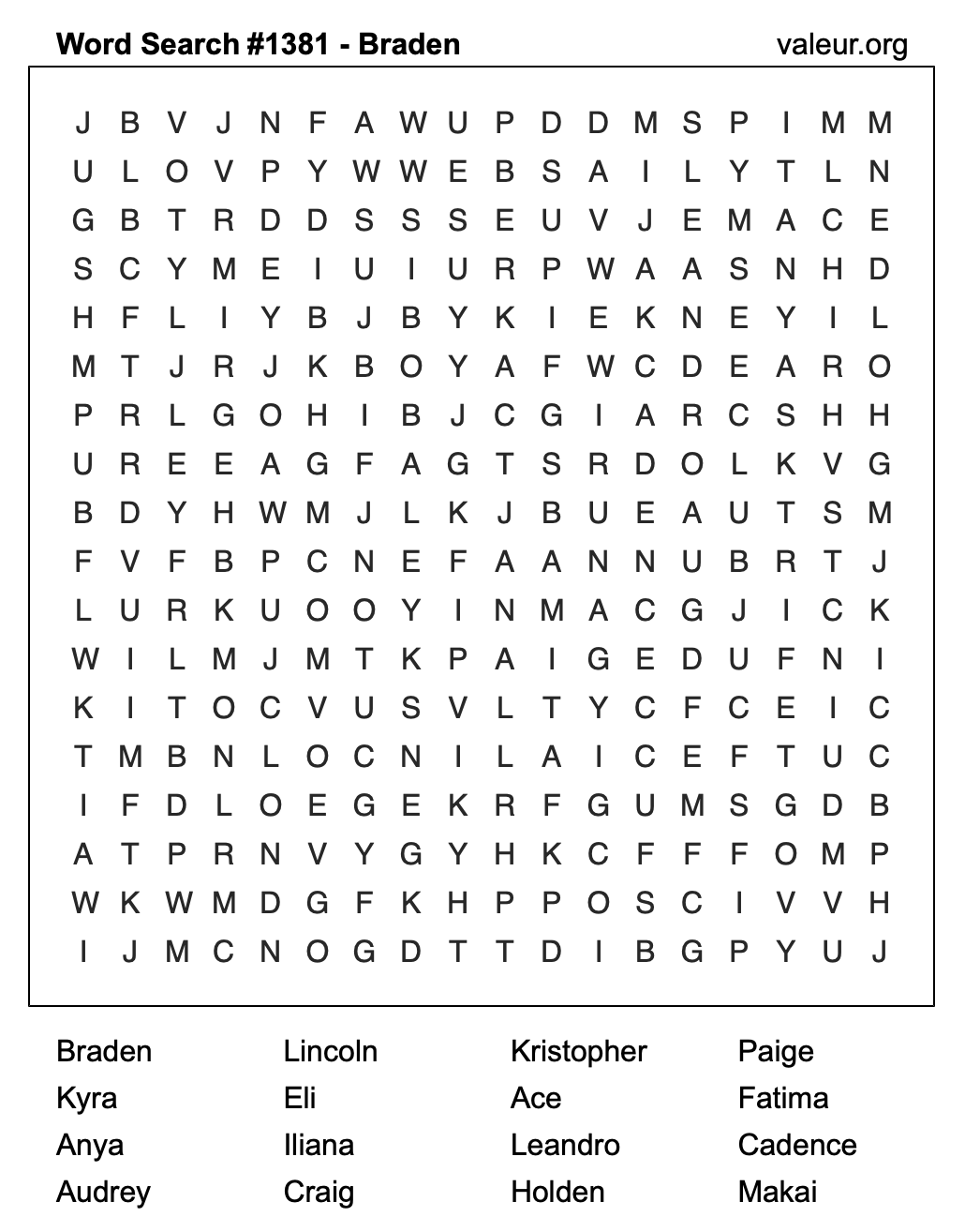 Word Search Puzzle with the name Braden #1381