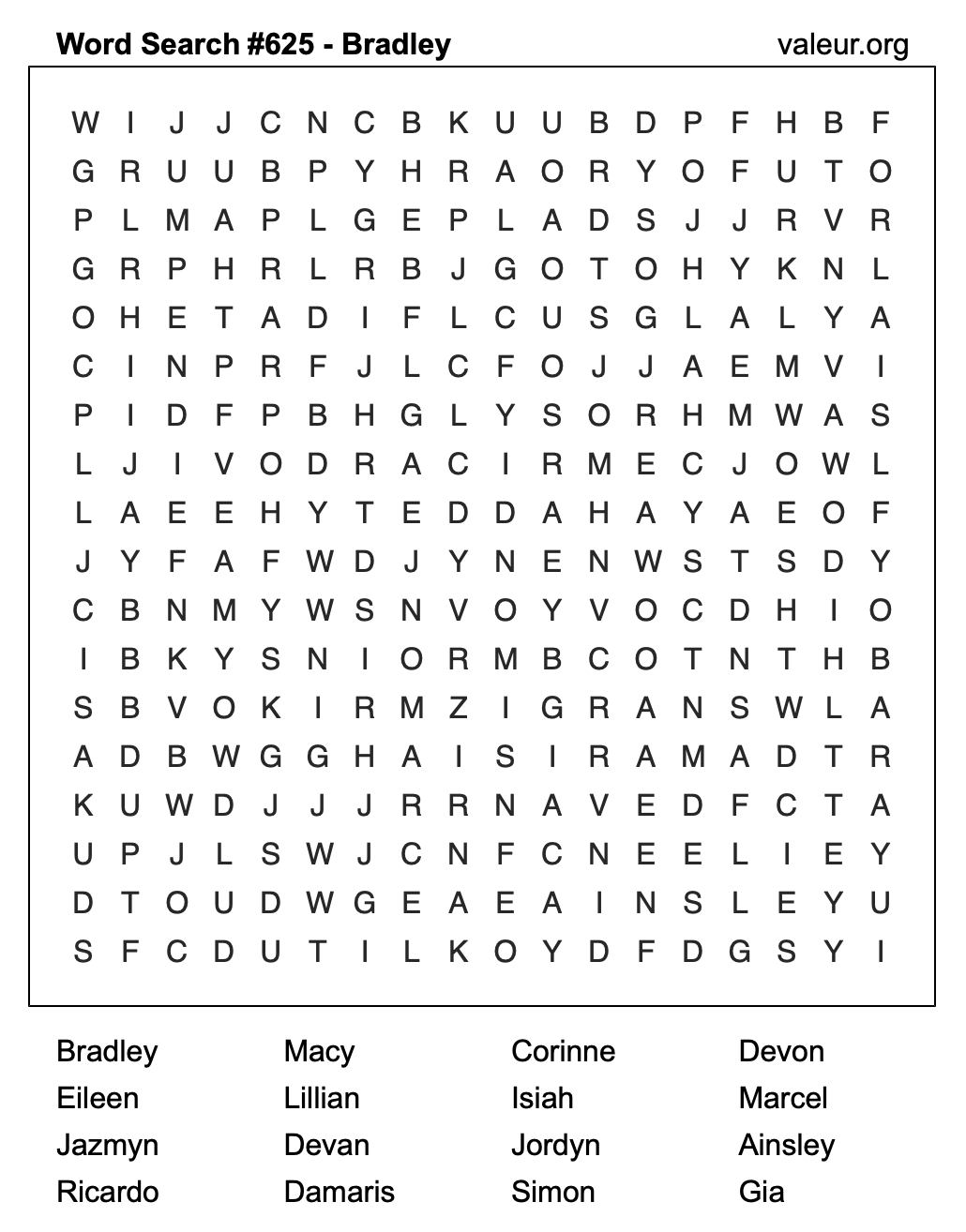 Word Search Puzzle with the name Bradley #625