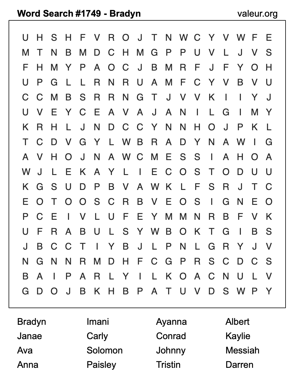 Word Search Puzzle with the name Bradyn #1749