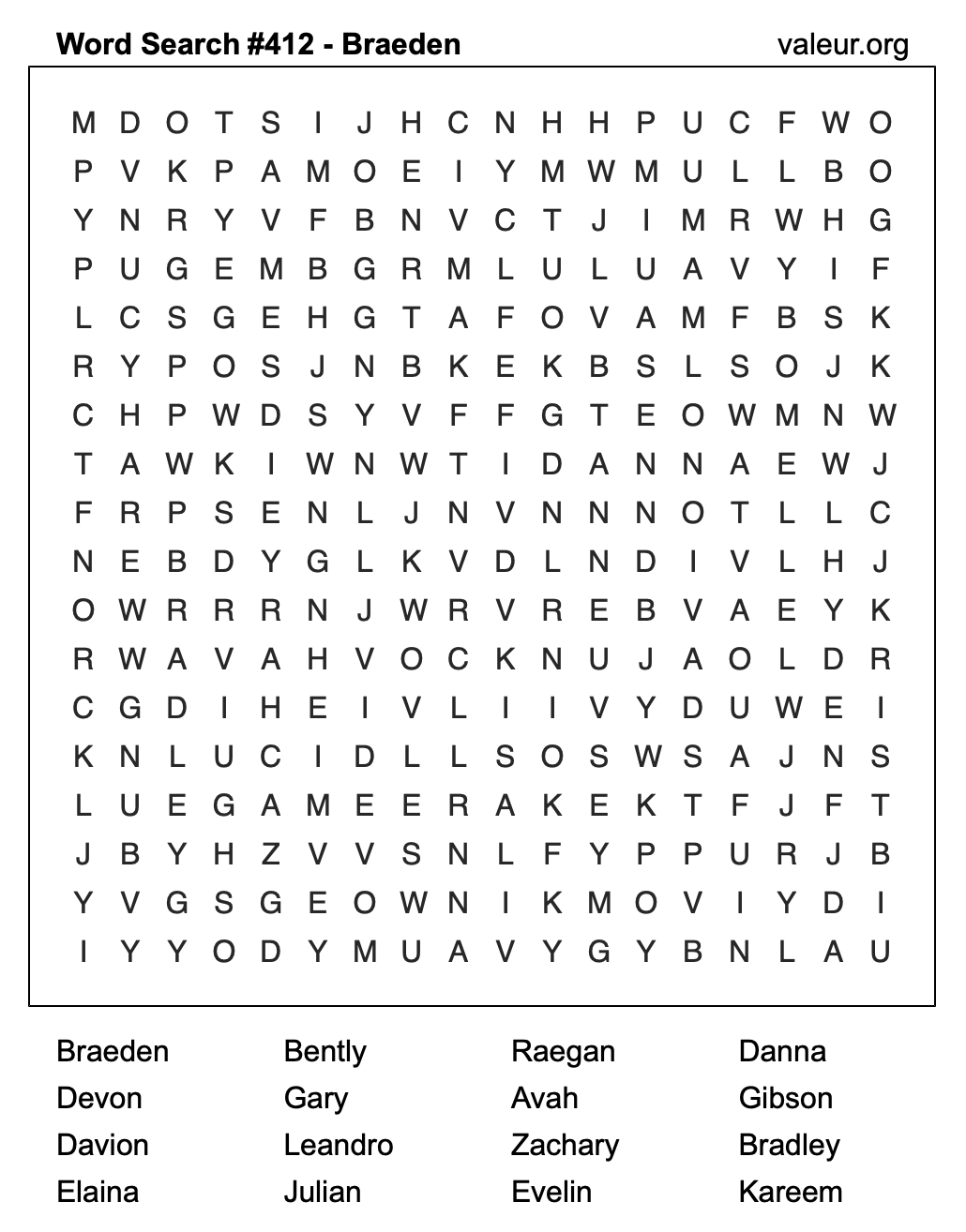 Word Search Puzzle with the name Braeden #412 Word Search Puzzle with the name Braeden #412