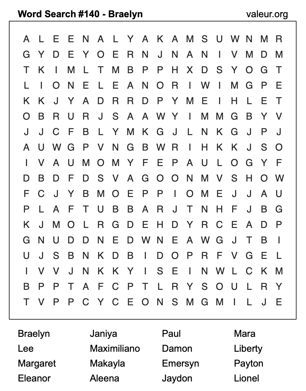 Word Search Puzzle with the name Braelyn #140