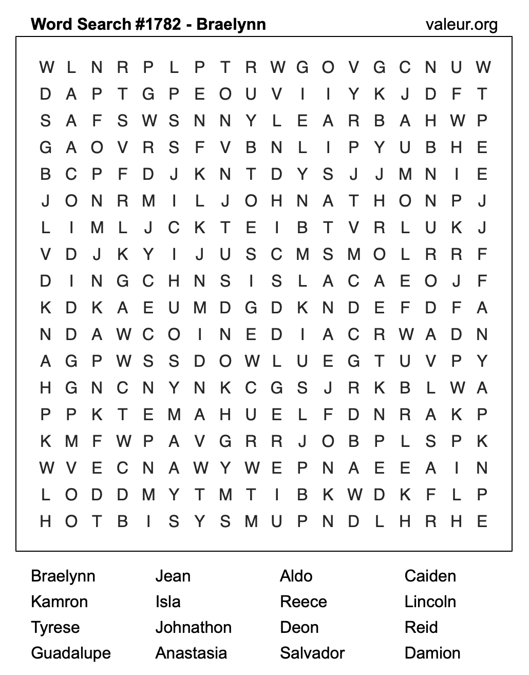 Word Search Puzzle with the name Braelynn #1782 Word Search Puzzle with the name Braelynn #1782