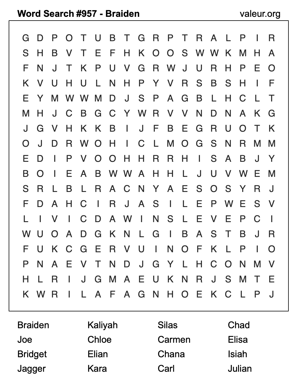 Word Search Puzzle with the name Braiden #957 Word Search Puzzle with the name Braiden #957