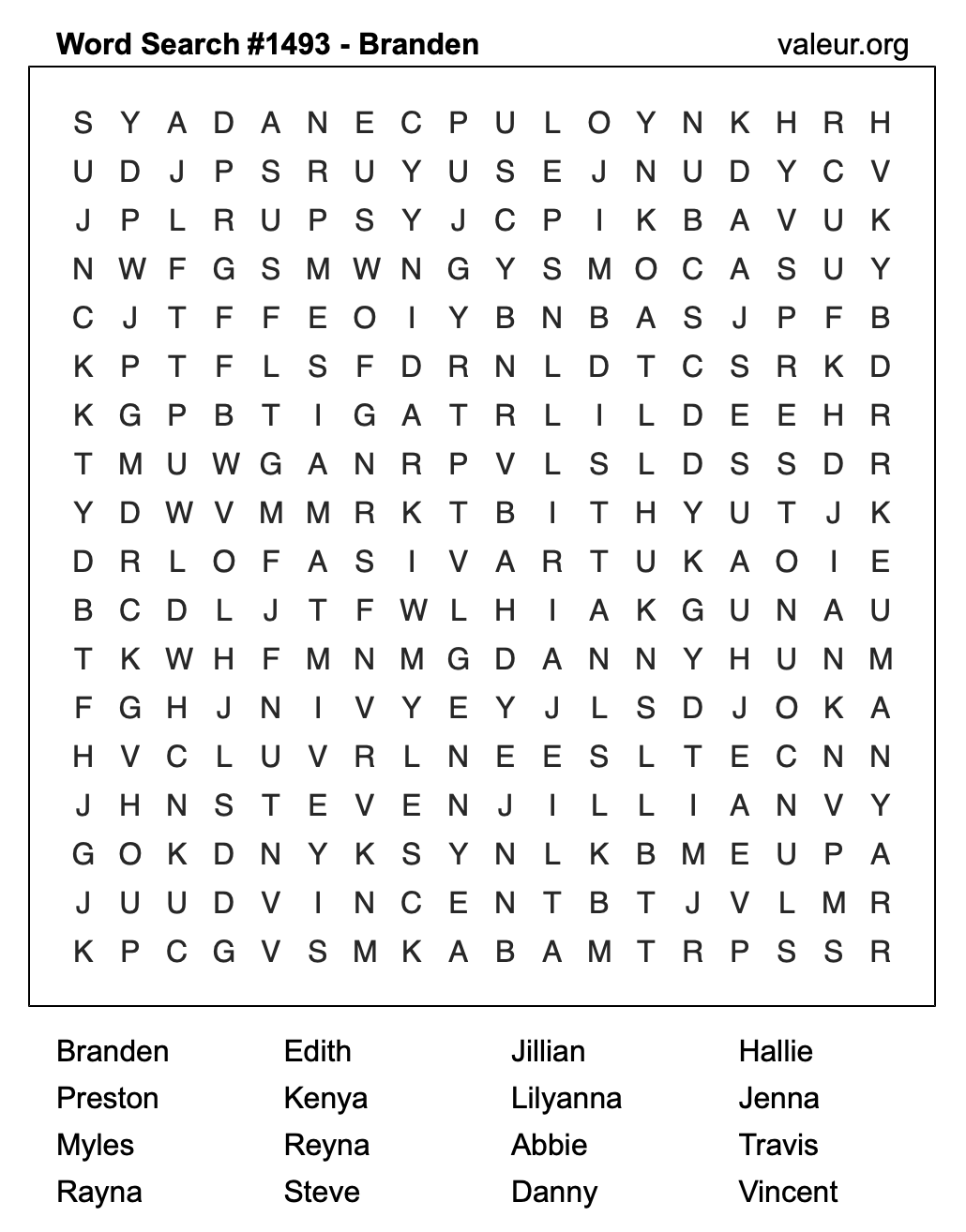Word Search Puzzle with the name Branden #1493