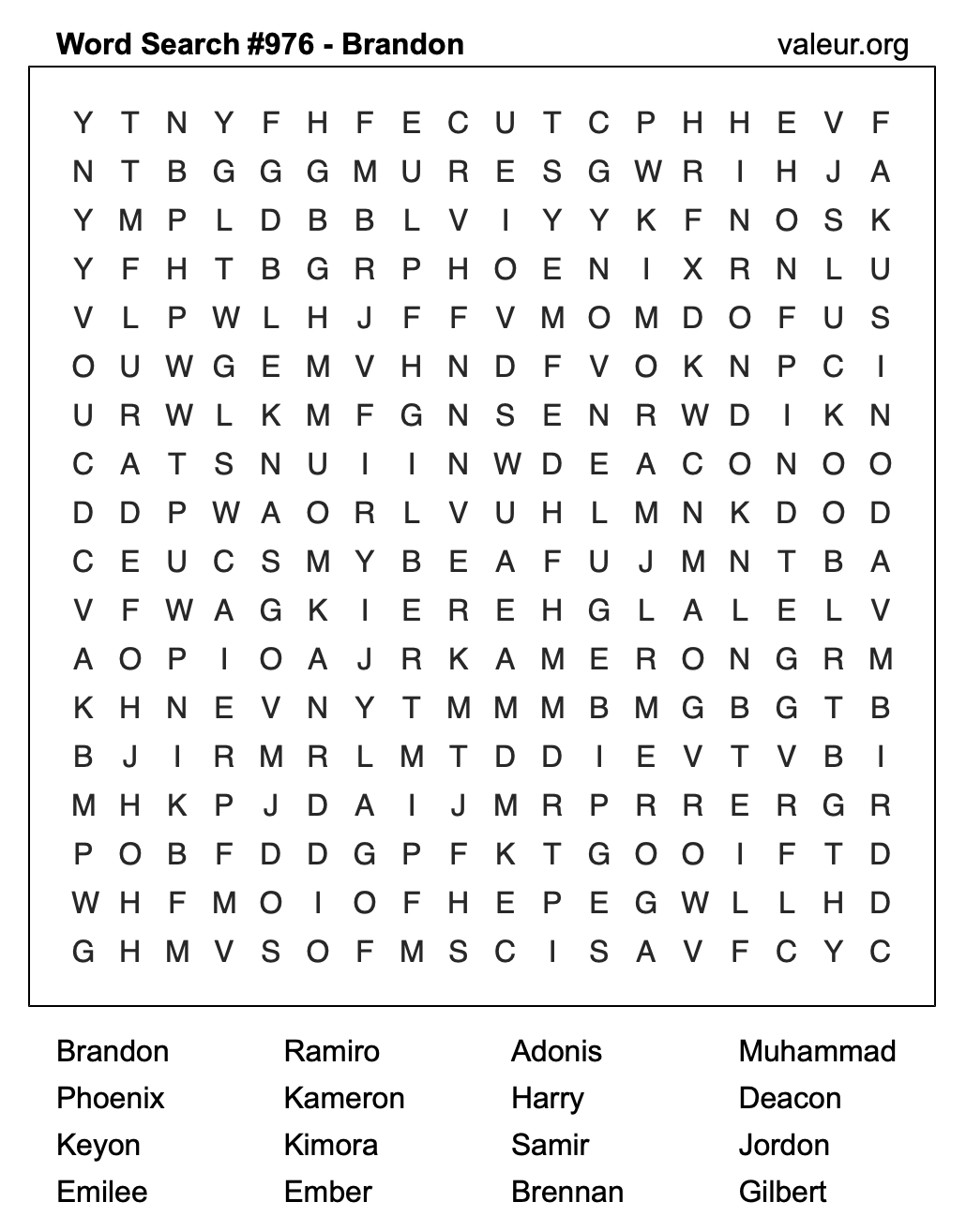 Word Search Puzzle with the name Brandon #976