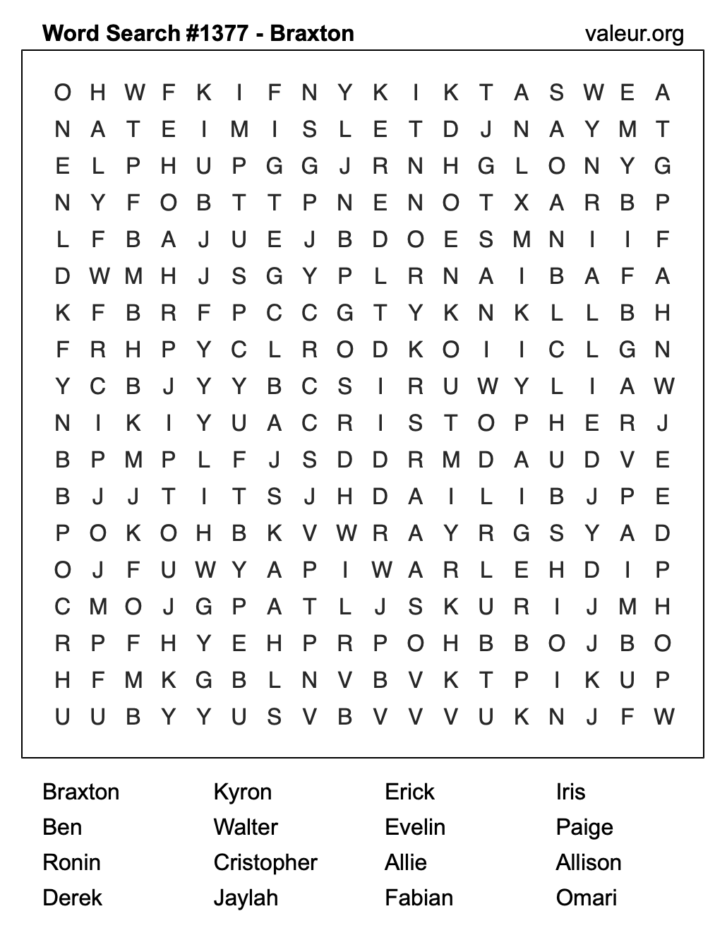 Word Search Puzzle with the name Braxton #1377