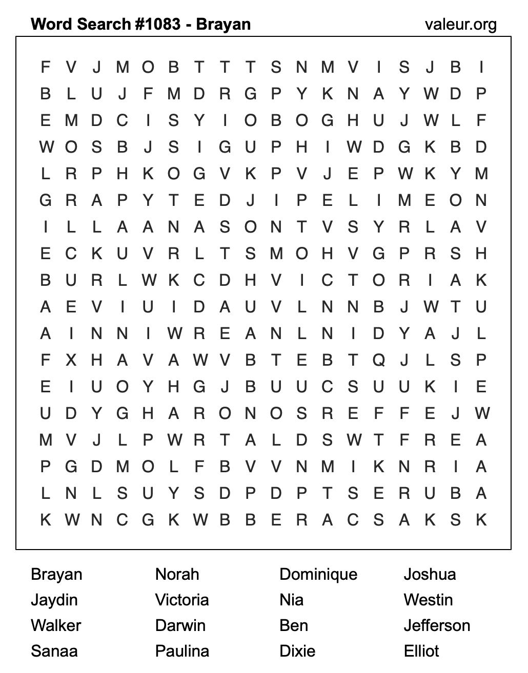 Word Search Puzzle with the name Brayan #1083