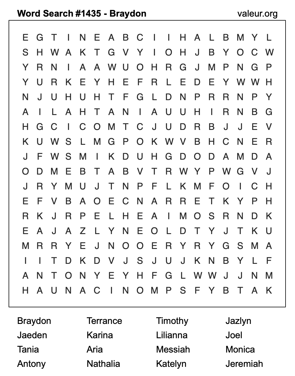 Word Search Puzzle with the name Braydon #1435