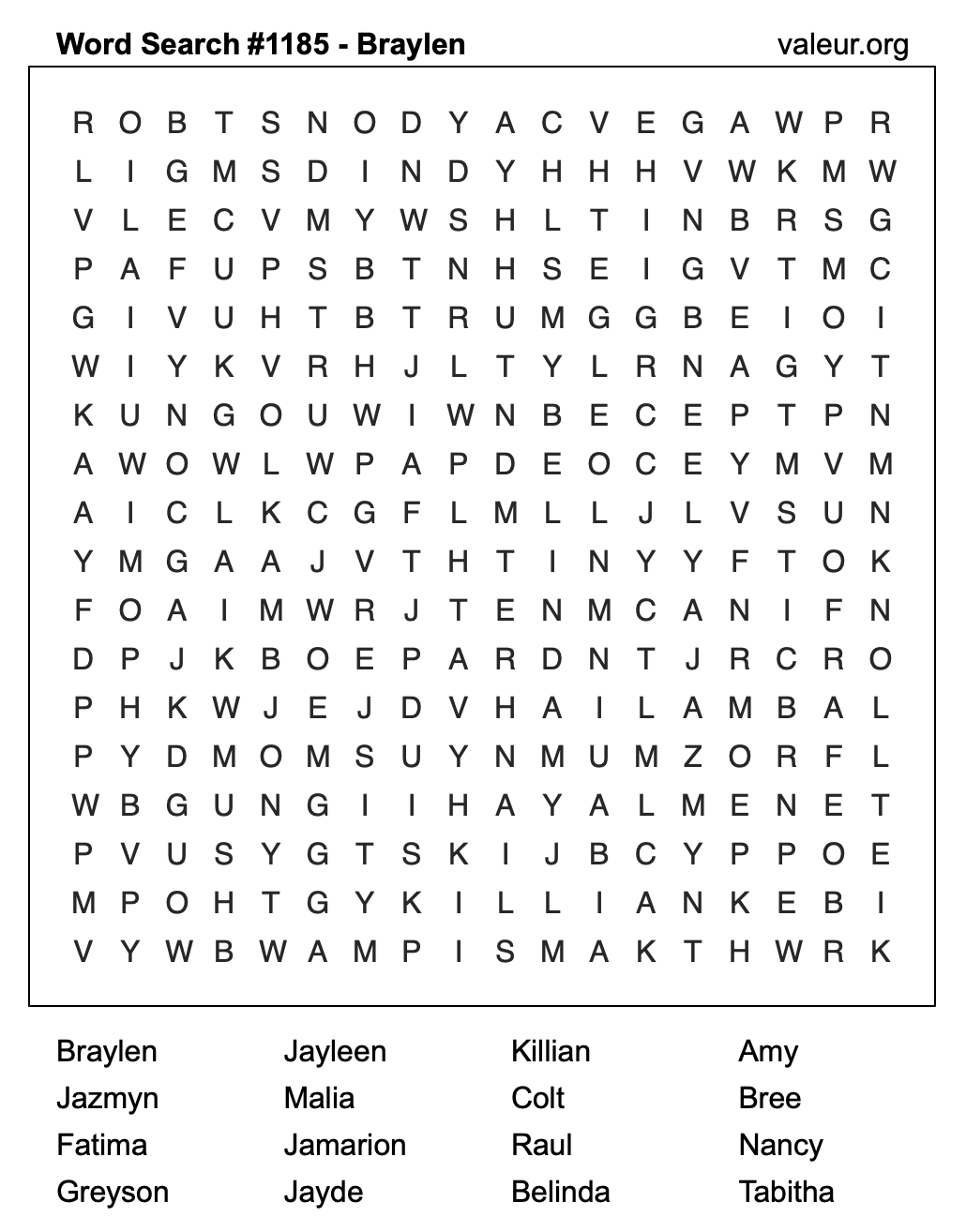 Word Search Puzzle with the name Braylen #1185
