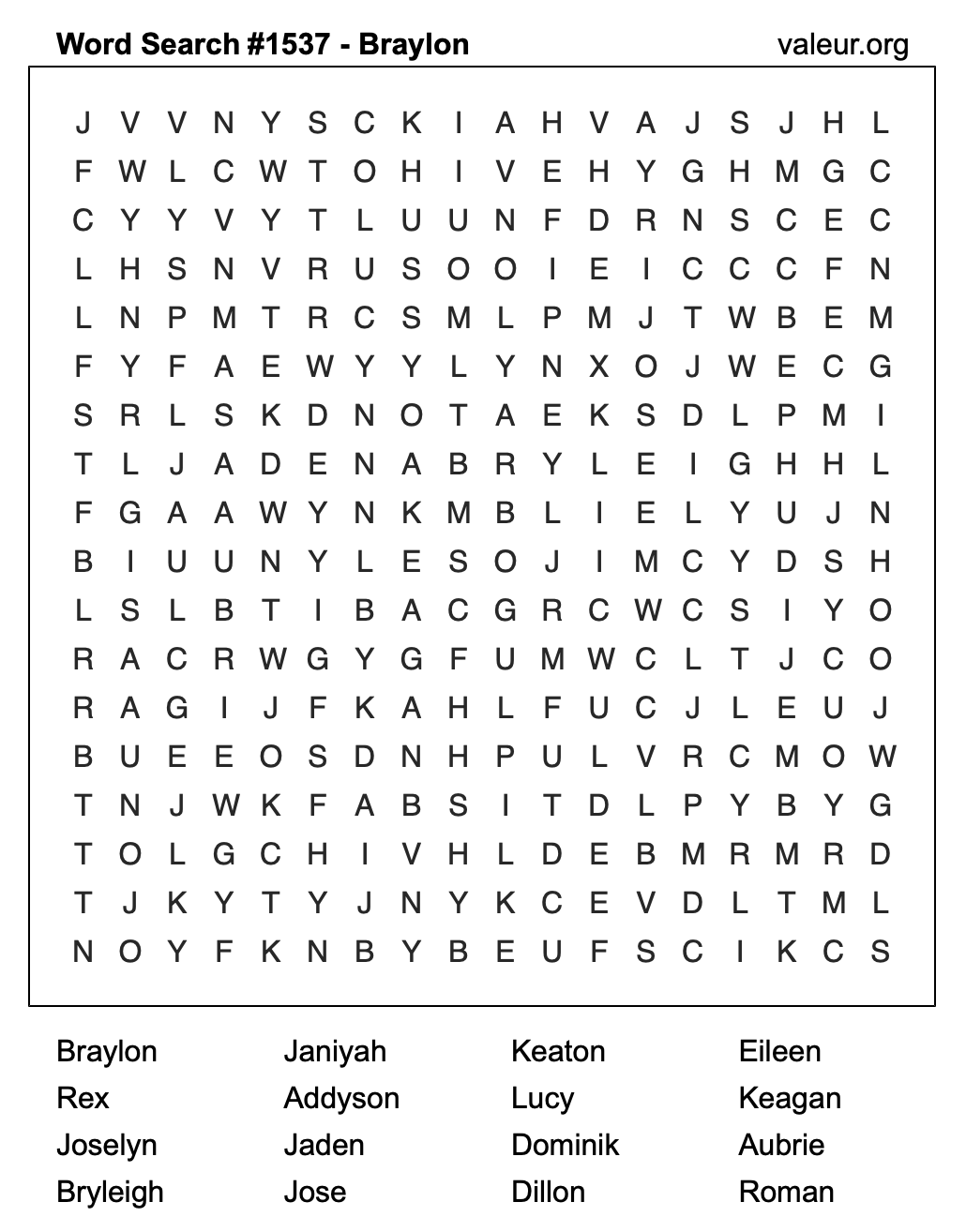 Word Search Puzzle with the name Braylon #1537 Word Search Puzzle with the name Braylon #1537